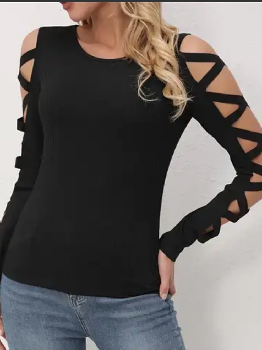 Black Cold-Shoulder Ladder Sleeve Top
